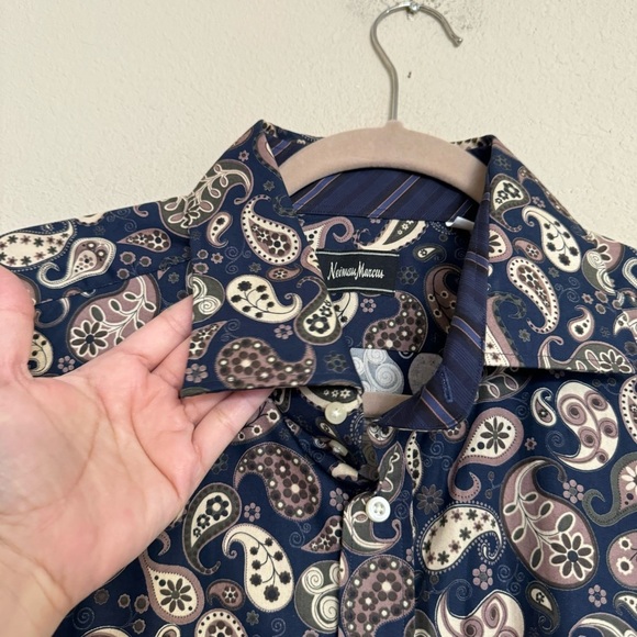 Neiman Marcus Shirt Size XXL Blue Tan Paisley Contrast Cuff Long Sleeve - Picture 6 of 16